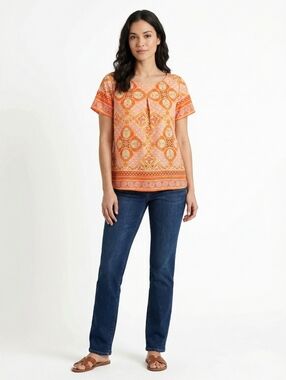 Beautiful Colorful Rafaella Orange and Yellow Patterned Blouse - Sz L